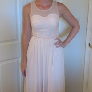 David's Bridal Pink Mesh Long Bridesmaid Dress